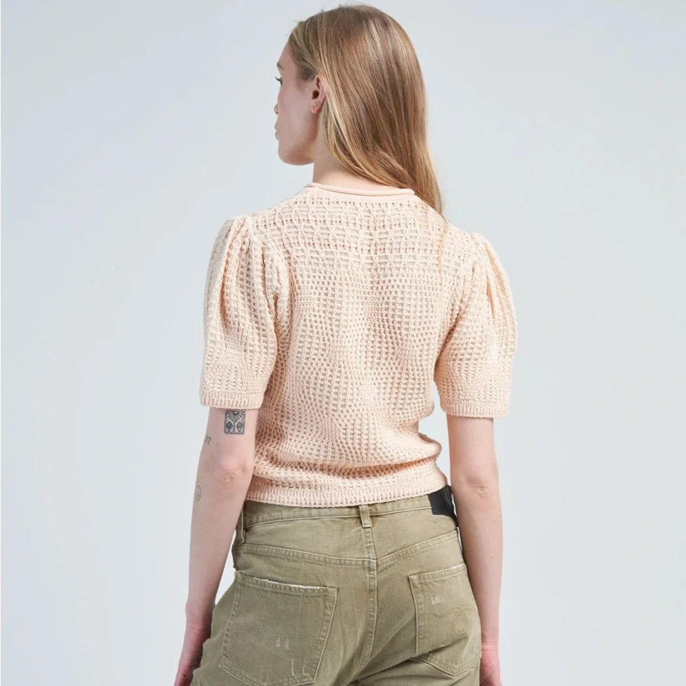 Ulla Johnson Capri Top Crème Knit Cotton Short-Sleeve Top Size Large Puff Sleeve
